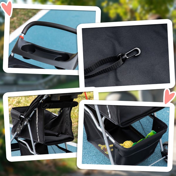 Nahaufnahme von Details eines schwarzen Kinderwagens mit Getränkehalter, Einkaufskorb und Sicherheitsgurt