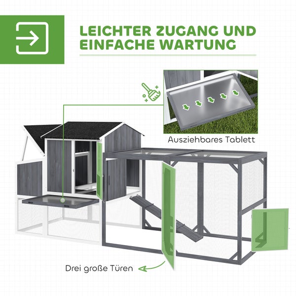 PawHut Hühnerstall, 236,5 x 91 x 114 cm Hühnergehege mit Nistkasten, Freigehege, Hühnerhaus aus Holz mit 2 Sitzstangen, wasserfester Anstrich, für 3-4 Hühner, Grau