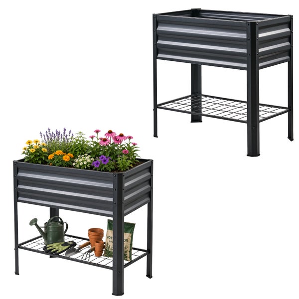 Metall Hochbeet auf Standbeinen mit Ablageboden, leer und bepflanzt mit Blumen, inklusive Gartenwerkzeug auf der unteren Ablage.