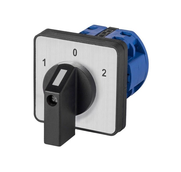 Nockenschalter mit Frontplatte, Schaltstellungen 1-0-2 und Knebelgriff.