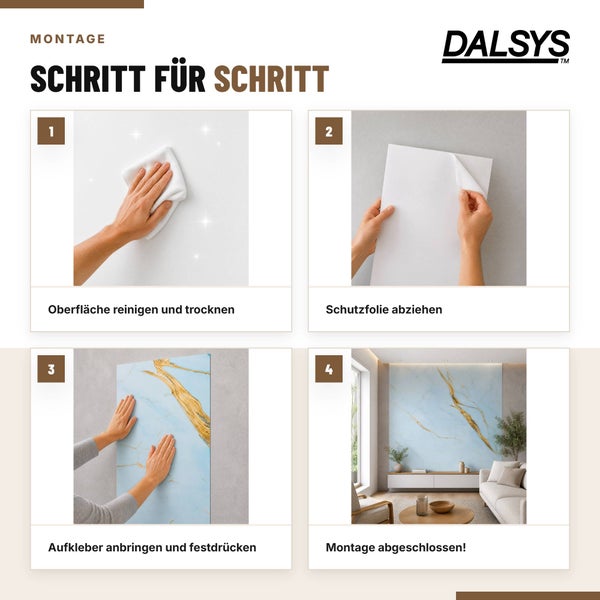 Dalsys Logo und Schritt für Schritt Montageanleitung für Wandpaneele mit Reinigung, Schutzfolie entfernen, Aufkleben und Ergebnisdarstellung.