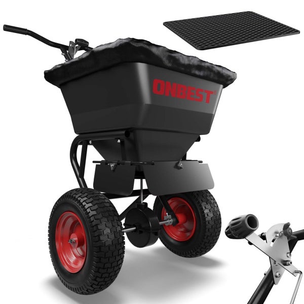 ONBEST Düngerstreuer und Schleuderstreuer für Rasen mit großen Luftreifen, Abdeckhaube, Siebgitter und Bedienhebel am Griff.