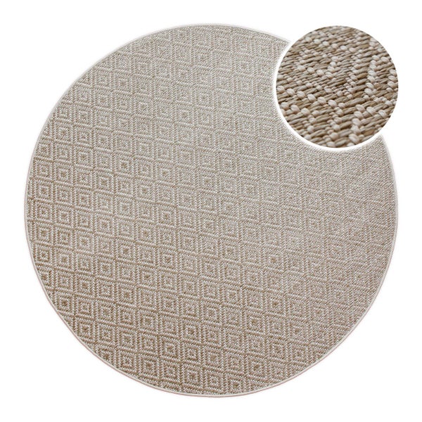 Runder gewebter Teppich in Sisal-Optik, beige, für den Innenbereich und den Außenbereich.