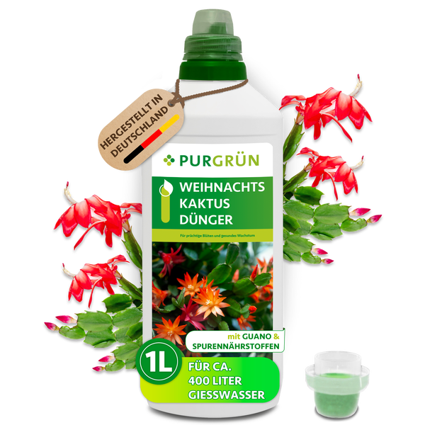 Purgrün Weihnachtskaktus Dünger, 1 Liter Flasche mit Guano und Spurennährstoffen für circa 400 Liter Gießwasser, hergestellt in Deutschland.
