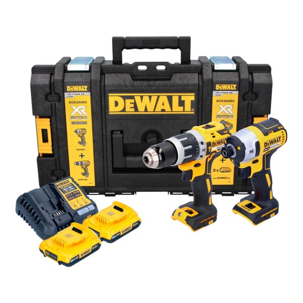 DeWalt Akku Werkzeugset DCK266D2 mit zwei Akku Schraubern Ladegerät zwei Akkus und Transportkoffer