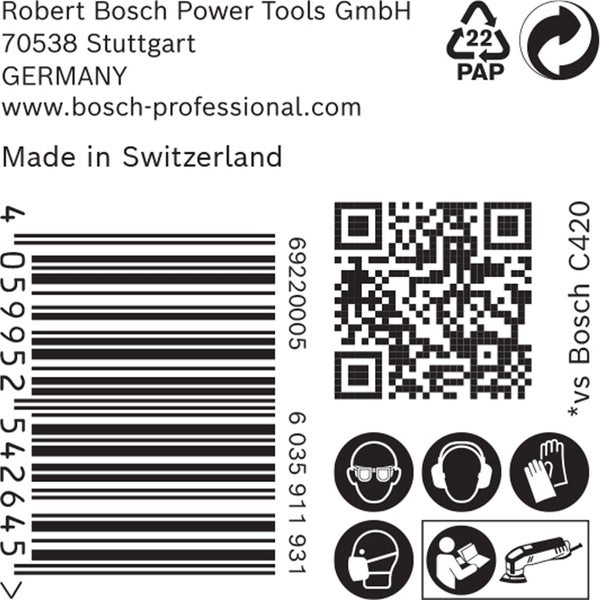 Informationen zum Bosch Produkt, inklusive Barcode, QR Code, Materialhinweis, Herstellungsort und Sicherheitshinweise