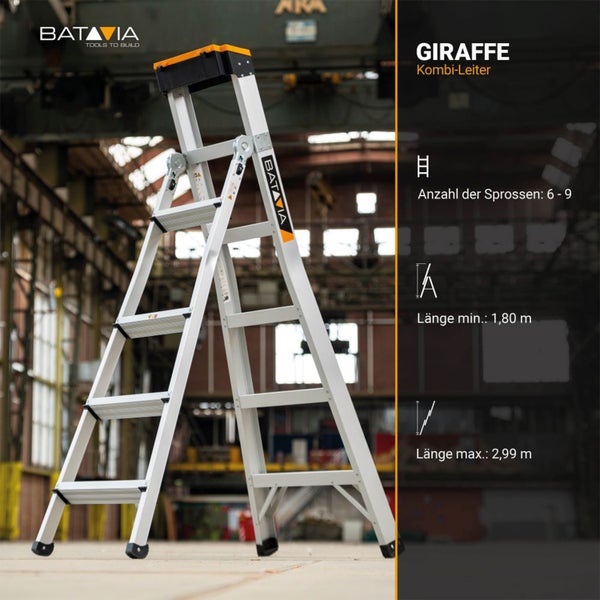Batavia Kombi-Leiter Giraffe aus Aluminium, sechs bis neun Sprossen, Länge ein Komma acht null Meter bis zwei Komma neun neun Meter.