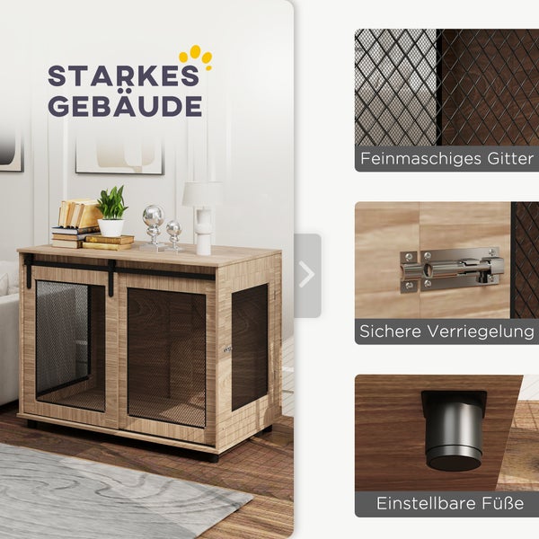 PawHut Hundekäfig Möbel, Hundebox mit 2 verschließbaren Türen, Beistelltisch für Zuhause, Hundehaus für große Hunde unter 30 kg, Stahl, 98 x 60 x 78 cm, Nussbaum