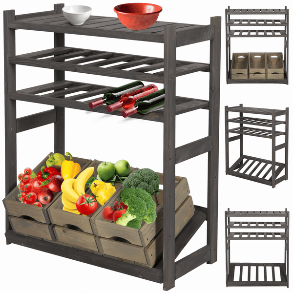 PROREGAL Getränkekisten- & Weinregal SPREEWALD HxBxT 86x70x33cm 12 Flaschen auf 2 Ebene + 1 Ebene für Kisten + Ablage Massives Kiefernholz Grau geölt