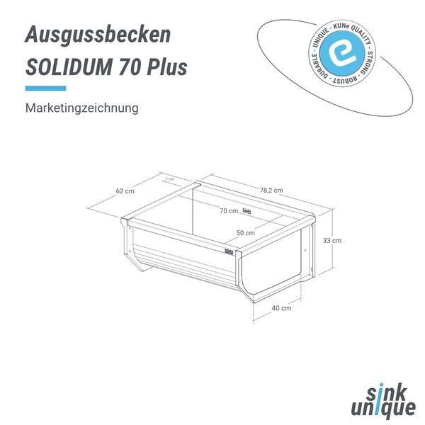 Maßzeichnung robustes Ausgussbecken SOLIDUM 70 Plus von sink unique: 78,2 Zentimeter Breite, 62 Zentimeter Tiefe, 33 Zentimeter Höhe.