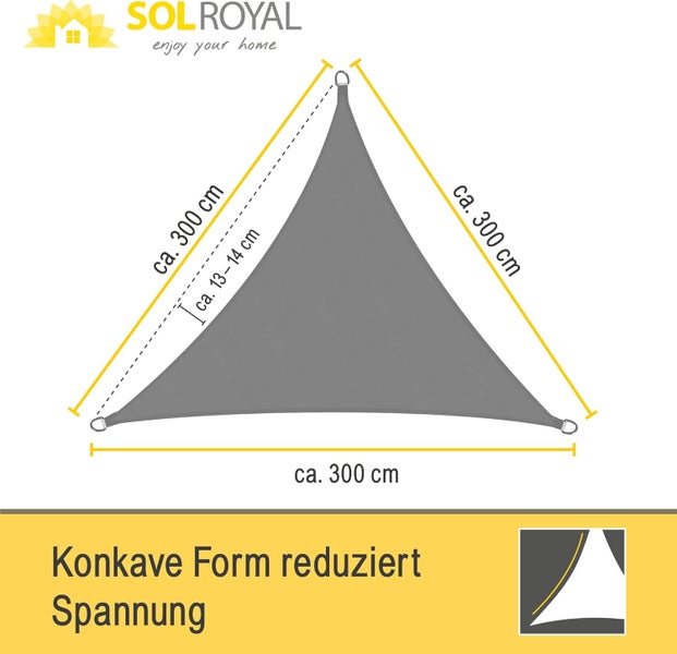 Sol Royal Logo. Graues dreieckiges Sonnensegel mit einer Seitenlänge von circa 300 Zentimetern. Die konkave Form reduziert die Spannung.