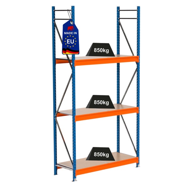 Schwerlastregal mit drei Ebenen und einer Traglast von 850 Kilogramm pro Ebene