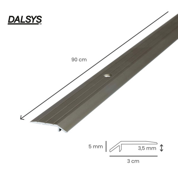 Dalsys Logo, Übergangsprofil aus Metall, Länge 90 Zentimeter, Breite 3 Zentimeter, Höhe 5 Millimeter.