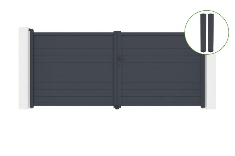 Technische Zeichnung des Tors Eiger 400B180 mit Maßangaben und Details zu den enthaltenen Teilen