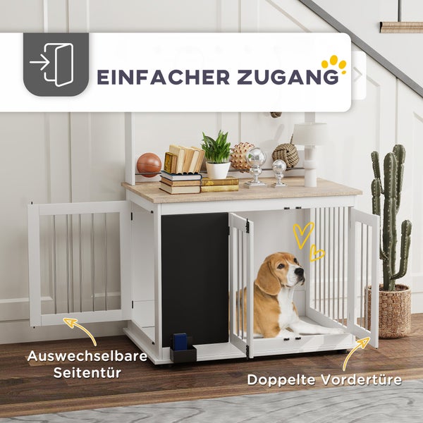 PawHut Hundekäfig für Zuhause, Hundehaus mit Haken, 3 Türen, Hundebox mit Aufbewahrungsregal für Spielzeug, Radiergummi, Schreibtafel, für große Hunde, Weiß