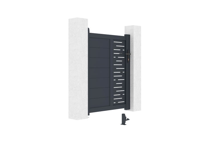 Gartentor aus Aluminium in Anthrazit mit horizontalen Lamellen und dekorativen Ausschnitten zwischen zwei Säulen.