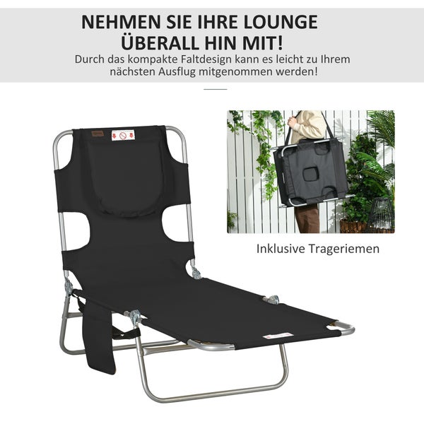 Detailansicht einer seitlichen Aufbewahrungstasche an einer Campingliege aus schwarzem Textilgewebe.