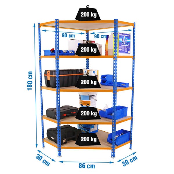 Eckregal MULI | HxBxT 180x90x30cm | 5 Fachböden | Fachlast 200kg | Blau-Orange | Lagerregal Kellerregal Werkstattregal Metallregal Fachbodenregal Steckregal