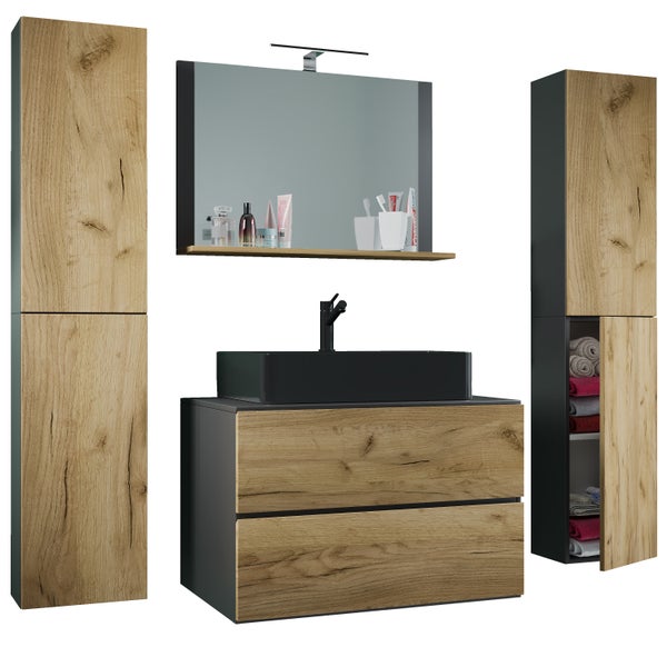Badezimmer-Set mit Waschtisch, Spiegel, Spiegelschrank und Hochschrank