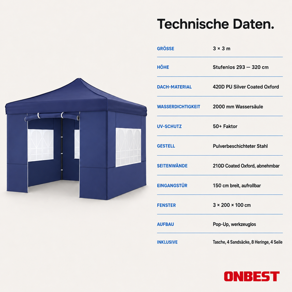 Blauer Pop-Up Pavillon 3 mal 3 Meter mit Fenstern, wasserdichtem Oxford-Dach, UV-Schutz 50 plus und Stahlgestell. ONBEST Logo.
