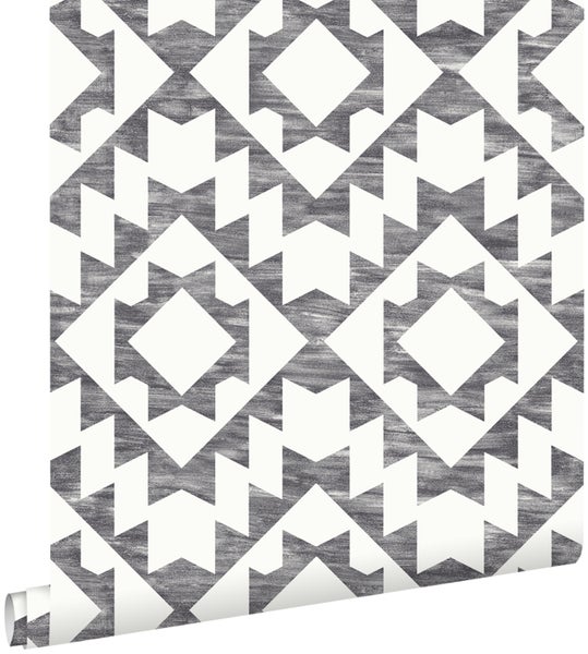 ESTAhome Tapete Marrakescher Aztec-Teppich Schwarz und Weiß - 53 cm x 10,05 m - 148677