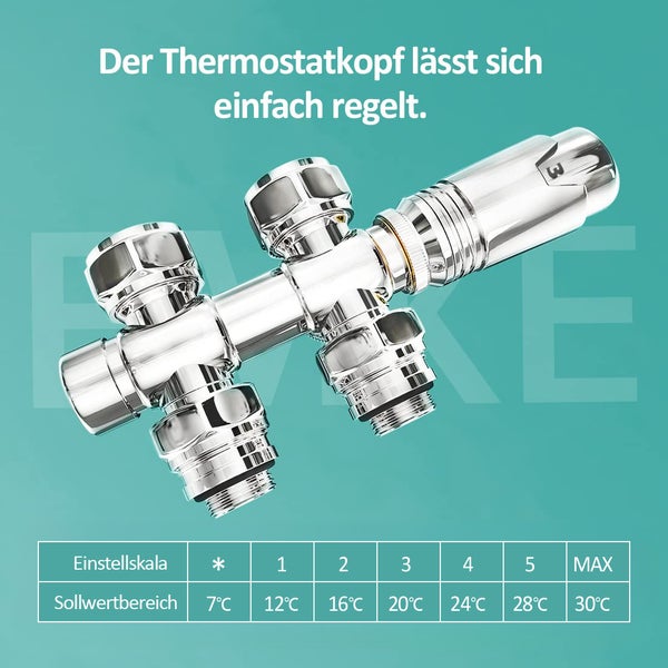 EMKE Heizkörperthermostat Multiblock-Set – Anschlussarmatur mit Thermostat für Heizkörper und Handtuchtrockner, Heizungszubehör in Eck- und Durchgangsform φ16xG1/2 und φ15xG1/2, Chrom
