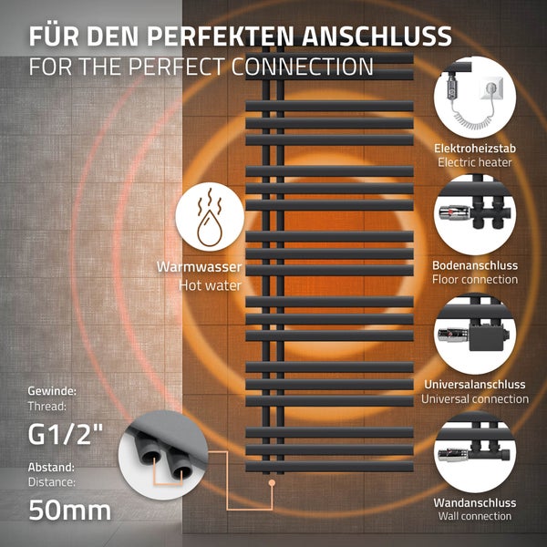 ECD Germany Iron EM Design Badheizkörper Elektrisch mit Heizstab 1200 W - 600 x 1600 mm - Anthrazit - Designheizkörper Paneelheizkörper Heizkörper Handtuchwärmer Handtuchtrockner