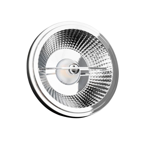 Rundes LED-Leuchtmittel mit silbernem Rand und strukturiertem Reflektor.