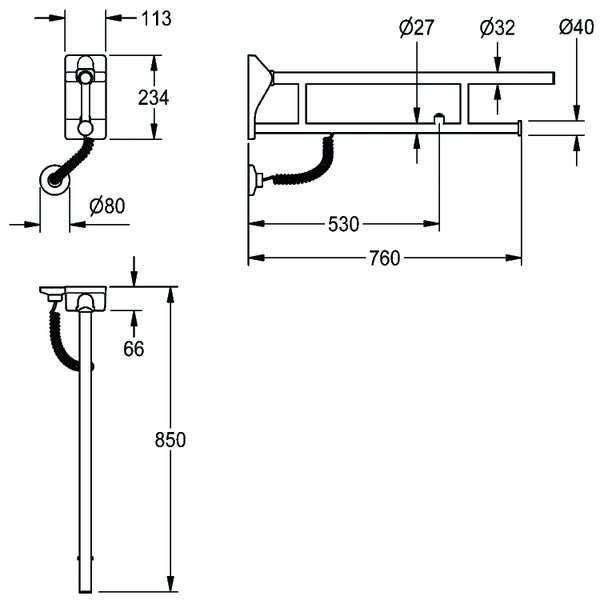Technische Zeichnung eines Stützklappgriffs mit detaillierten Maßangaben in Millimetern.