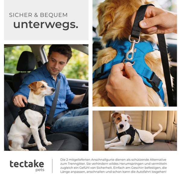 Hundesicherheitsgeschirr für das Auto mit Anschnallgurt von tectake pets, demonstriert an Hunden im Fahrzeuginnenraum.