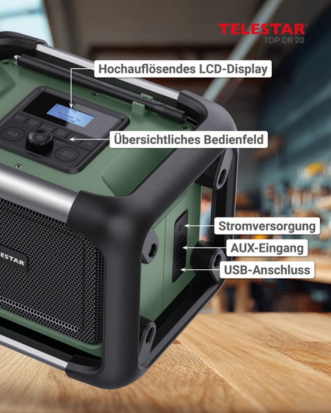 Telestar Top OR 20 Baustellenradio mit LCD Display, Bedienfeld, Stromversorgung, AUX Eingang und USB Anschluss auf einer Werkbank.