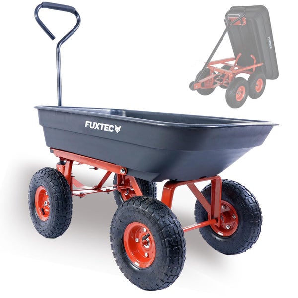 Fuxtec Gartenwagen mit Kippfunktion, Metallrahmen und vier Luftreifen.