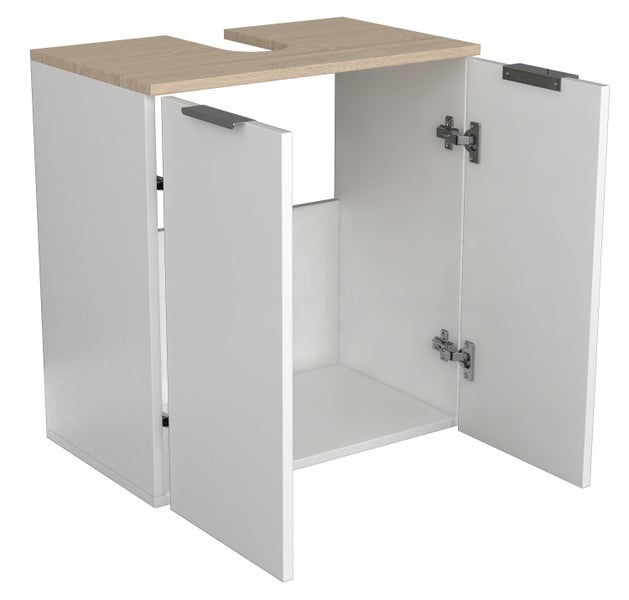 Waschtischunterschrank mit zwei offenen Türen und einer Arbeitsplatte mit Aussparung