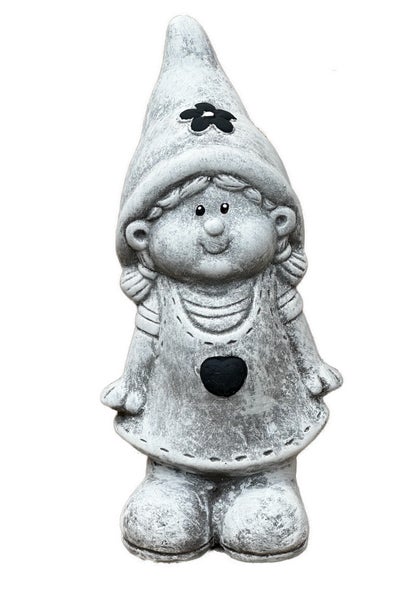Gartenfigur Mädchen mit spitzer Mütze und Herz-Motiv, dekorative Steinoptik-Figur für den Außenbereich