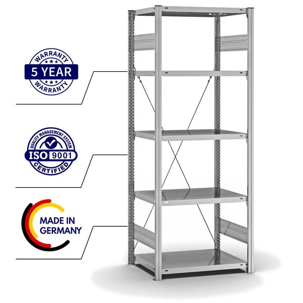 PROREGAL Fachbodenregal Stecksystem T-Profil Medium-Duty Grundregal HxBxT 200 x 75 x 50 cm 5 Ebenen Fachlast 230 kg Einseitig Nutzbar Verzinkt