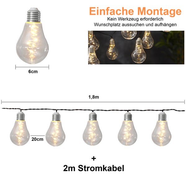 Lichterkette mit Lampen im Vintage Design und den Massangaben