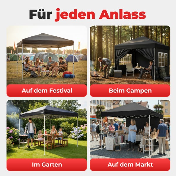 Faltpavillon 3 mal 3 Meter Komplettset mit Seitenteilen, Fenstern, Vorhängen, Gestell, Tragetasche mit Onbest Logo, Sandsäcken, Seilen und Heringen.