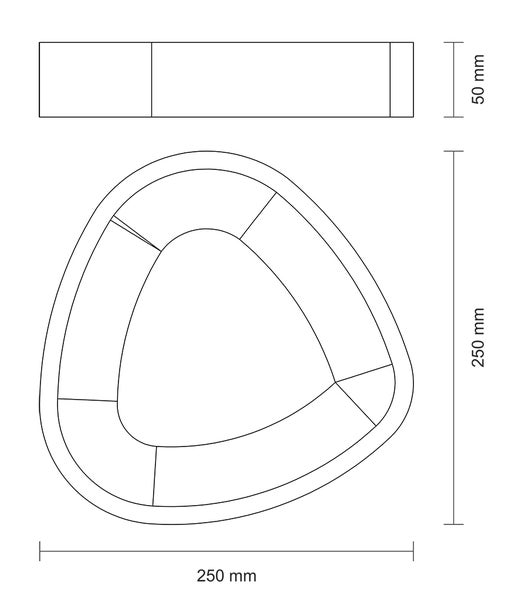 Zeichnung einer dreieckigen Pflanzschale mit den Maßen 250 mal 250 mal 50 Millimeter