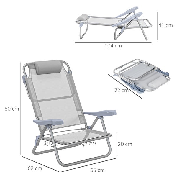 Klappbarer Strandstuhl mit Kopfstütze und Maßangaben in verschiedenen Positionen: Höhe 80 Zentimeter, Breite 65 Zentimeter, Tiefe 62 Zentimeter.