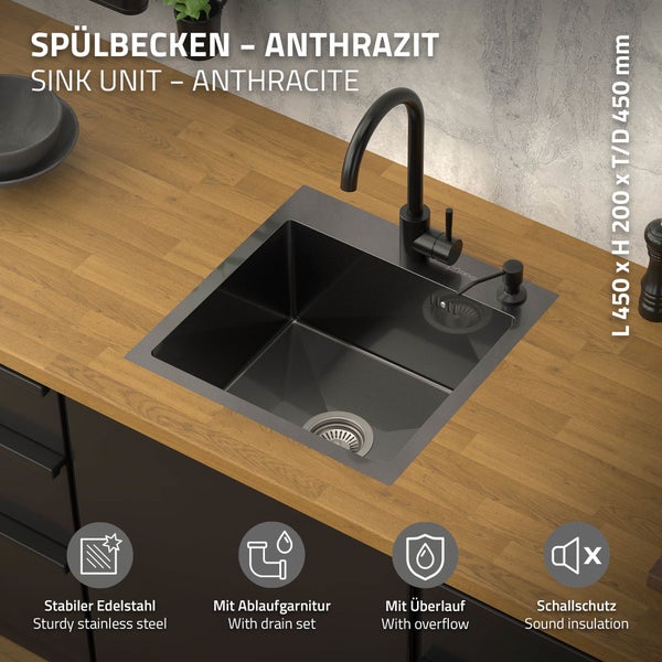 ML-Design Spülbecken Edelstahl 45x45 cm Anthrazit, Küchenspüle eckig, 1 Becken klein, Einbauspüle mit 2 Löchern, Edelstahlspüle mit Ab- und Überlaufgarnitur, Einzelbecken mit Siphon, Waschbecken Küche