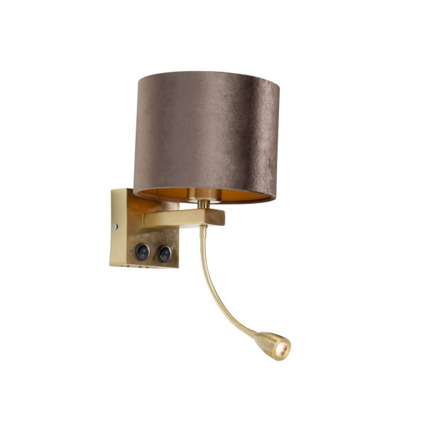 Wandleuchte Bronze mit braunem Samt-Schirm 18cm - Brescia