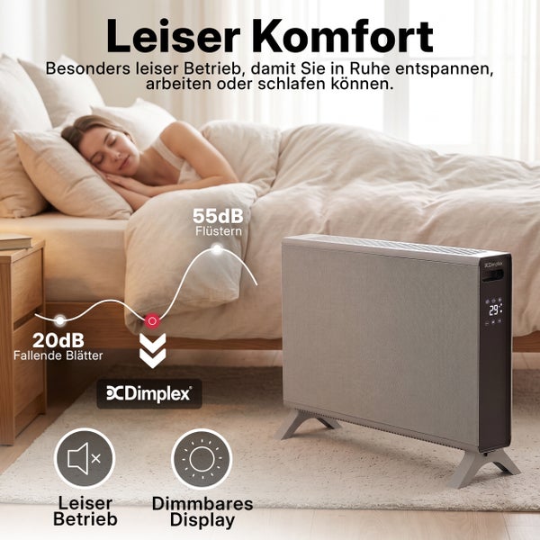 Dimplex Konvektor im Schlafzimmer mit leisem Betrieb, digitalem Display und grafischer Darstellung der Lautstärkeentwicklung.