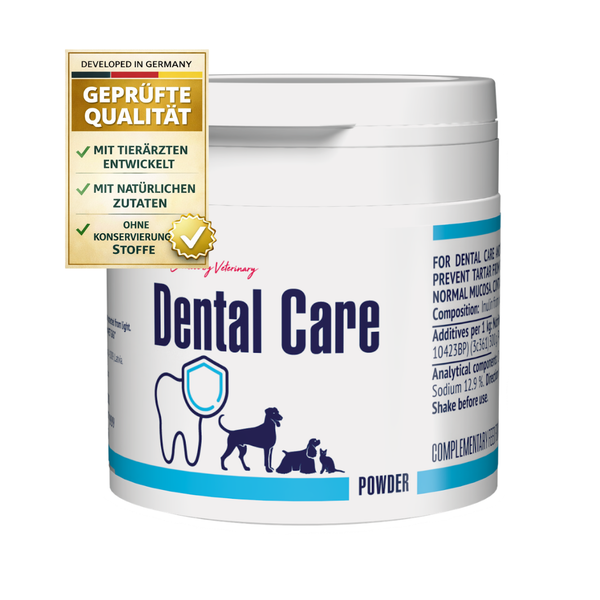 Dental Care Pulver für Hunde und Katzen zur Zahnpflege, entwickelt mit Tierärzten, ohne Konservierungsstoffe, mit natürlichen Zutaten.