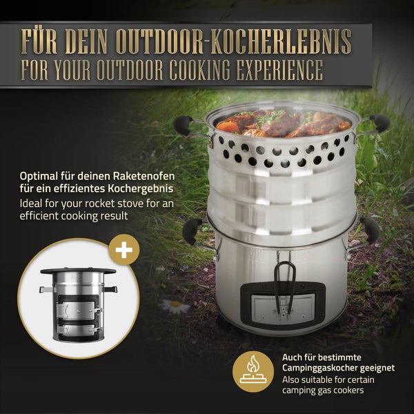 BBQ#BOSS Kochtopf aus Edelstahl für Raketenofen, Ø 24 cm, 6,8 Liter, Topf mit Deckel und Griffen, Outdoor-Kochen, Ideal zum Grillen und Kochen im Raketenofen, Für Camping, Outdoor, Garten und Terrasse