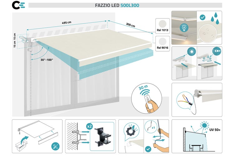 Fazzio LED 500L300 Markise mit Abmessungen, Farbangaben und Montagehinweisen