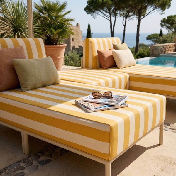 Zwei gestreifte Gartenliegen mit Kissen auf einer Terrasse am Pool. Mediterraner Stil mit Palmen und Meerblick.