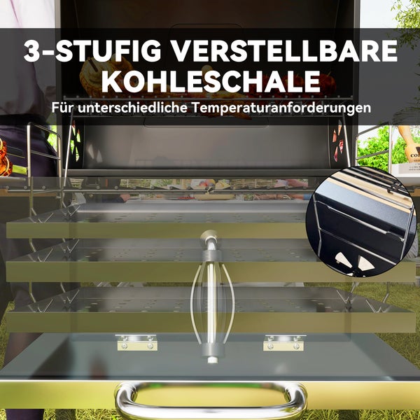 Outsunny Holzkohlegrill aus Edelstahl fahrbar Grillwagen mit Deckel Thermometer Grillrost Räder Griff verstellbar Kohlewanne, Kohlegrillwagen mit Holzablage BBQ Smoker für Camping Garten 112x58x107cm