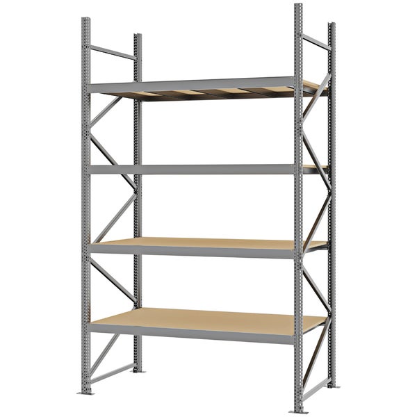 Schwerlastregal mit stabilem Metallrahmen und vier Fachböden aus Holz.