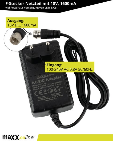 Universalnetzteil 18V, 1600mA mit F-Stecker, Steckernetzteil für Sat/unicable Multischalter Aller Art, Power Inserter, LNB Stromversorgung