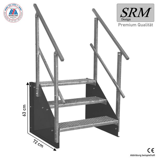 Stahltreppe mit 3 Gitterroststufen, beidseitiges Geländer, Höhe 63 Zentimeter, Tiefe 72 Zentimeter, EN 1090-1 konform, SRM Design Logo.